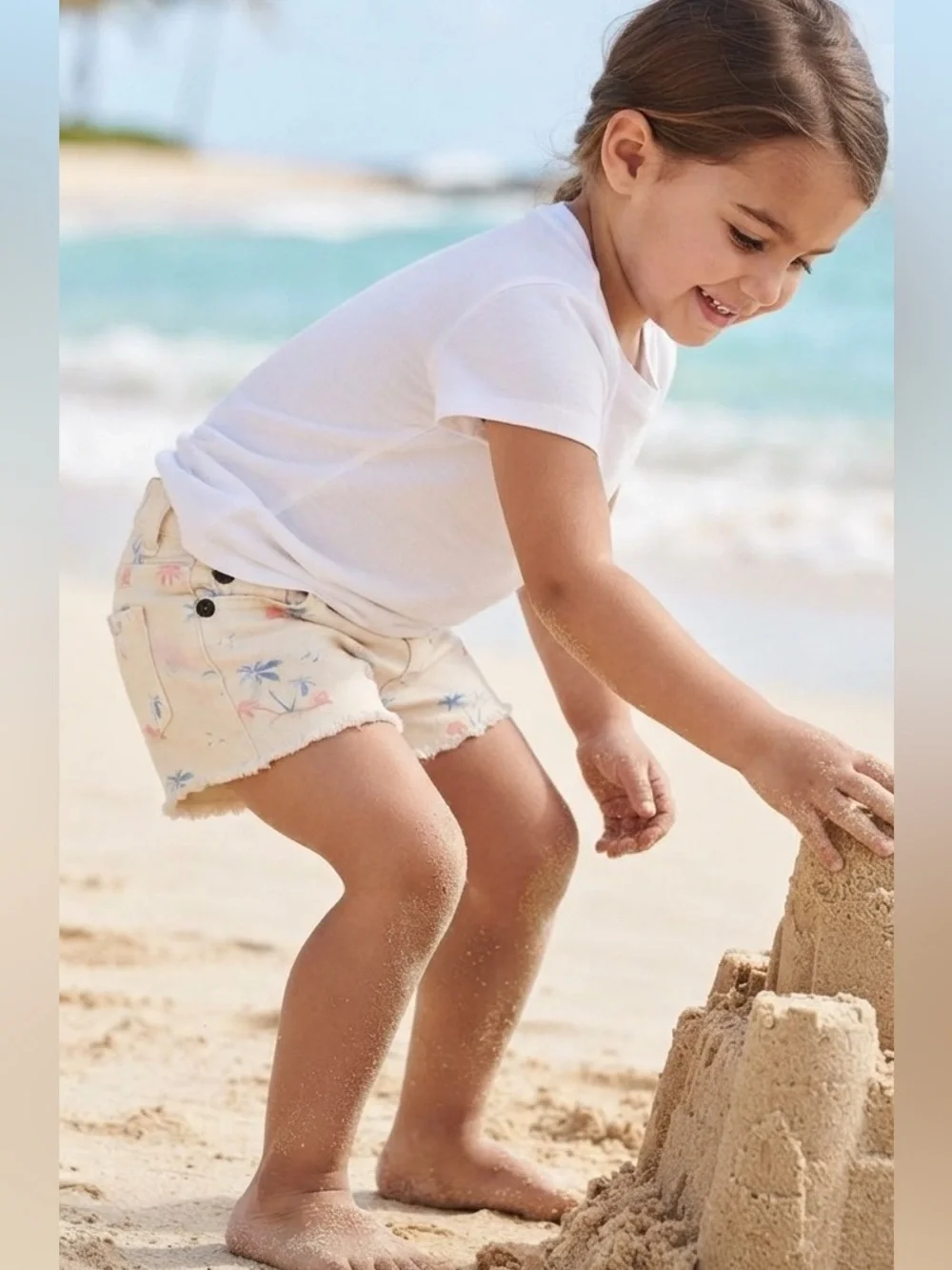 Lucky Brand Riley Shorts Girls Sz 3T Palm Trees Raw Hem Denim 5 Pocket Stretch